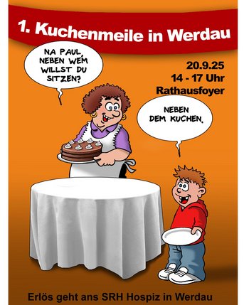 1. Kuchenmeile in Werdau, 20.9.25, 14-17 Uhr im Rathausfoyer. Ein Junge fragt, neben wem er sitzen will, während eine Frau mit Kuchen lächelt.
